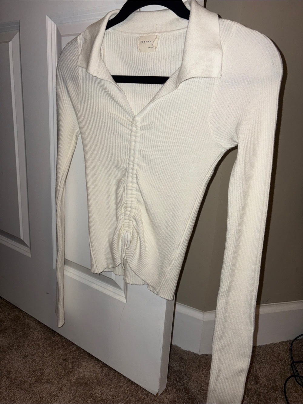 Ribbed Ruched Long-Sleeve Polo Top - Cream